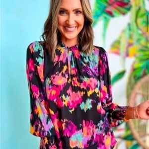 JODIFL Pink and Purple Graphic 3/4 Sleeve Blouse